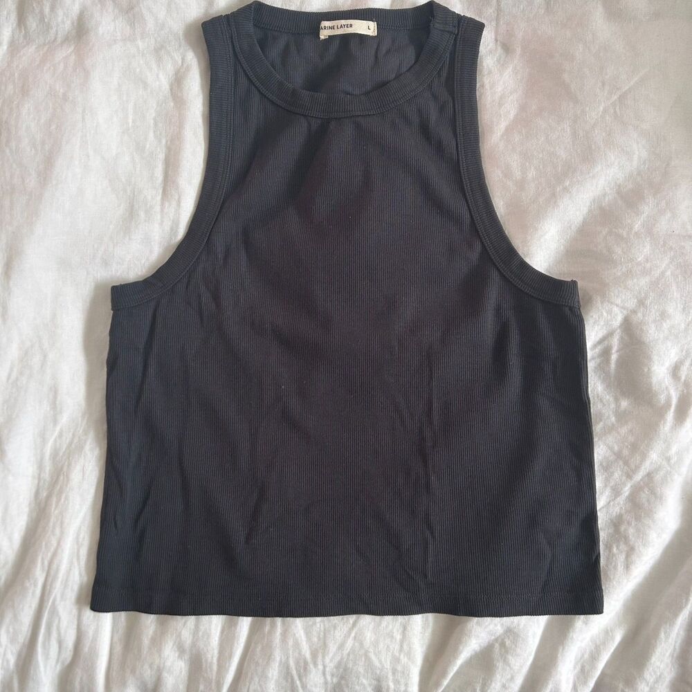 Marine Layer Lexi Rib High Neck Tank Black Cropped Fitted Size L